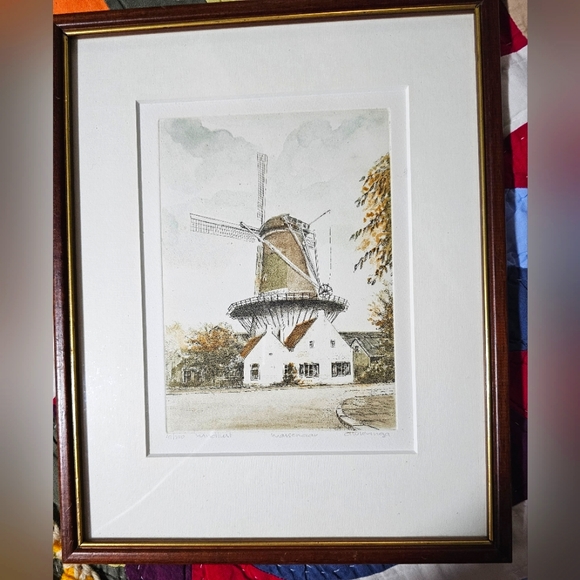 Vintage Framed Hand Coloured Engraving Dutch Windmill Signed A. Wieringa - Picture 5 of 9